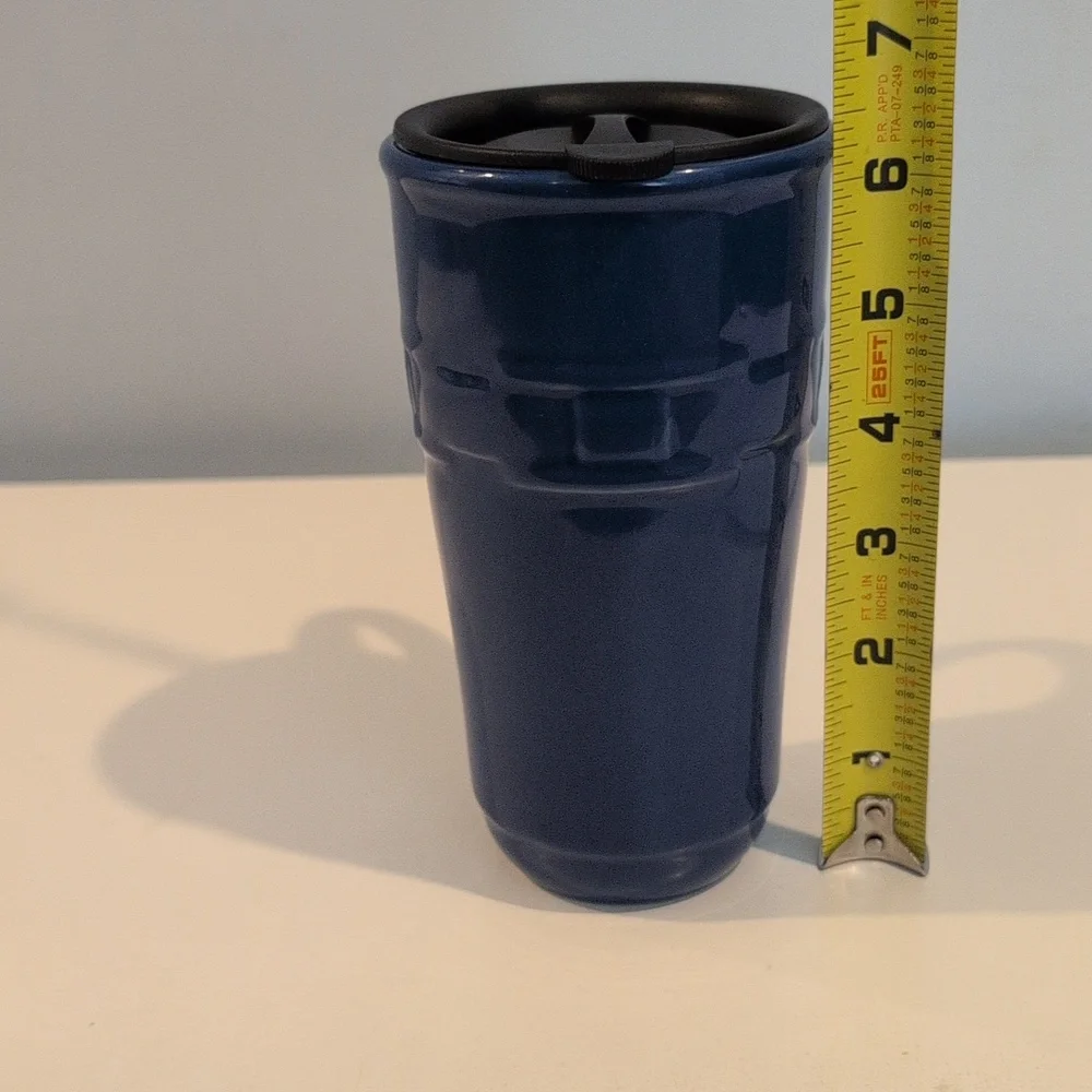 Longaberger Ceramic Woven Traditions Cornflower Blue Travel Mug With Lid - Picture 15 of 16